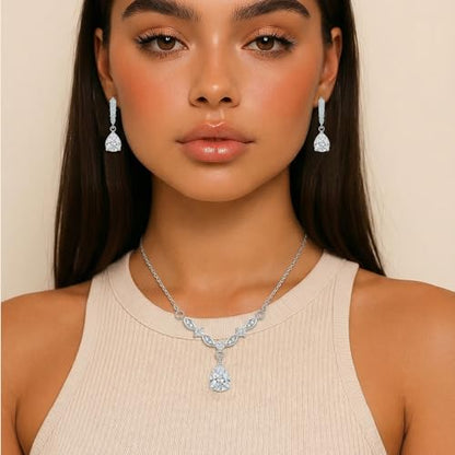 Platinum Plated Cubic Zirconia Teardrop Pendant Necklace Dangle Earrings Set, Silver Jewelry Set for Women,Wedding Jewelry Set for Bride,Bridesmaid Jewelry Gift, Gift for Valentine's Day, Birthday - color: White