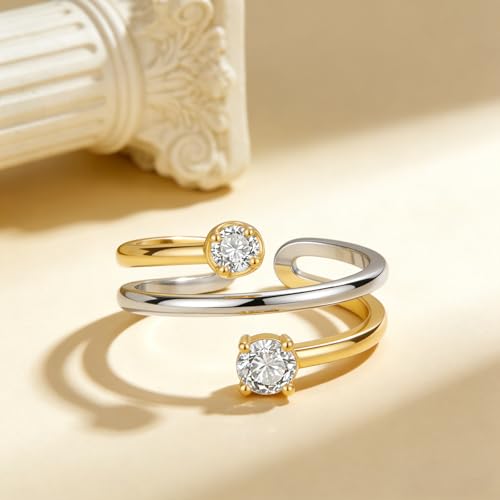 Two Tone Wrap Ring for Women Silver and Gold Plated Dainty Spiral Band with CZ Minimalist Open Rings Thin Around Bands Trendy Mixed Metal Jewelry