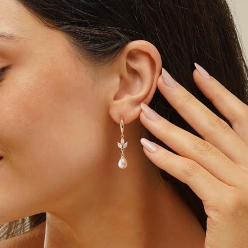 Plenky Pearl Earrings-14K Gold Plated Dainty Pearl Drop Simple Wedding CZ Dangle Dangling Cute Stud Earrings for Brides Earrings for Women Gifts - style: Leaf Pearl Earrings