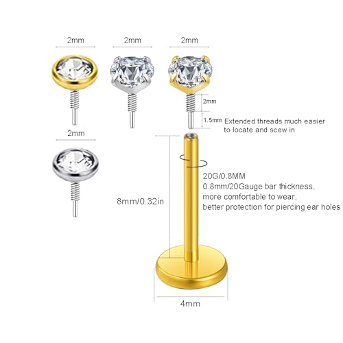 Flat Back Earrings Tragus Lip Nose Ring Studs Body Piercing Jewelry | 316L Stainless Steel 20G 18G Labret Monroe Cartilage Conch Helix - color: 8mm 20G 12Pcs