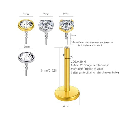 Flat Back Earrings Tragus Lip Nose Ring Studs Body Piercing Jewelry | 316L Stainless Steel 20G 18G Labret Monroe Cartilage Conch Helix - color: 8mm 20G 12Pcs