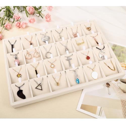 24 Grid Jewelry Tray Velvet Jewelry Display Tray with Removable Dividers | Jewelry Organizer Stackable Trays for Earrings Necklaces Bracelet Rings Display Showcase - Light Khaki - color: Light Khaki