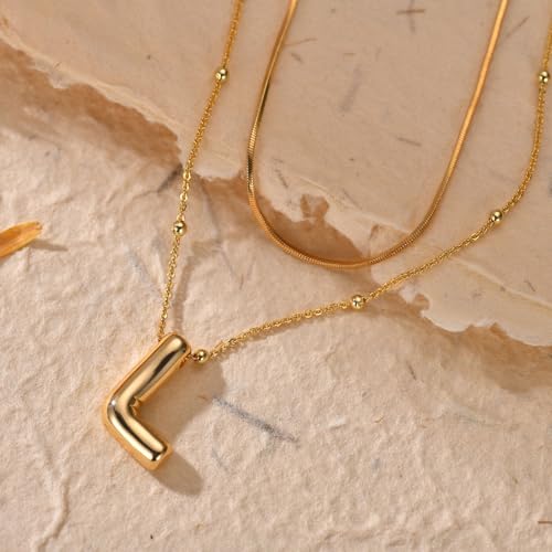 LUCA SMITH 2-Piece Initial Necklaces for Women, Dainty Balloon Bubble A-Z Letter Necklace Set, Name Letter Alphabet Pendant Layered Choker Necklaces Personalized Jewelry Gift - color: Gold bubble letter necklace, style: Initial Set-L