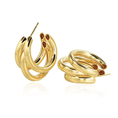 Chunky Gold Hoop Earrings for Women 14k Gold Plated Thick Triple Earrings | Hypoallergenic Trendy Chunky Gold Hoops Earrings,Dainty Jewelry Gifts for Women - style: 25MM/tripe hoop earrings