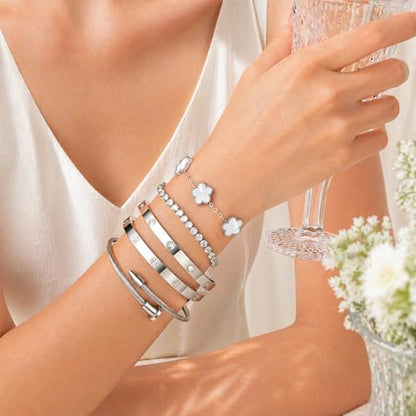 18K Gold Plated Love Bangle Bracelet Stack for Women, Adjustable Clover Bracelet & CZ Tennis Chain Set, Stackable Layered Jewelry, Fade Resistant, Long-Lasting Luster for Daily Wear & Gift - color: 5Pcs Silver White