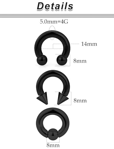 00G 0G 2G 4G 6G 8G 10G 12G 14G 16G Septum Rings Silver Black Surgical Steel Heavy Gauges Earrings Stretching kit Eyebrow Lip Septm Nose Rings Helix Tragus Daith Rook Earrings Hoops 10mm-19mm - color: Black, size: 4G(5.0mm)-Inner Dia:14mm