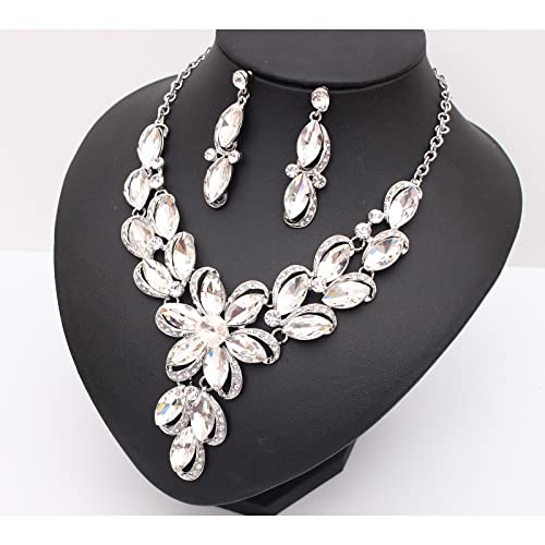 Jewelry Set for Women Rhinestone Austrian Crystal Statement Flower Necklace Link Bangle Bracelet Dangle Earrings Rings Allergy Free Wedding Party Jewelry Set for Bridal Bridesmaid - color: White-Platinum Plated