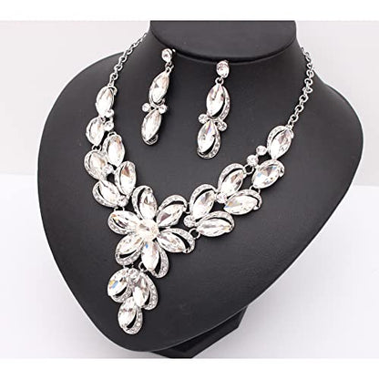 Jewelry Set for Women Rhinestone Austrian Crystal Statement Flower Necklace Link Bangle Bracelet Dangle Earrings Rings Allergy Free Wedding Party Jewelry Set for Bridal Bridesmaid - color: White-Platinum Plated