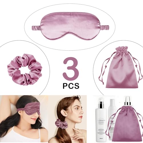3Pcs Satin Eye Mask Silk Sleep Masks Set Silky Blindfold Eyeshade Blackout Eyes Cover Pouches Bag Scrunchy Wedding Gift - color: Mauve