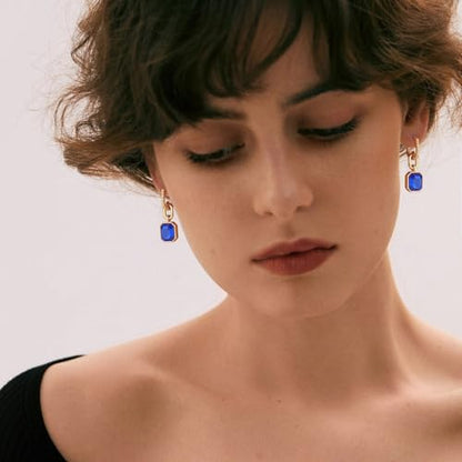 Birthstone Crystal Dangle Drop Earrings, 18K Gold Plated Huggie HoopEarring | Hypoallergenic Earring Jewelry Gifts for Women, Birthdays, anniversaries, weddings - color: Royal Blue-1
