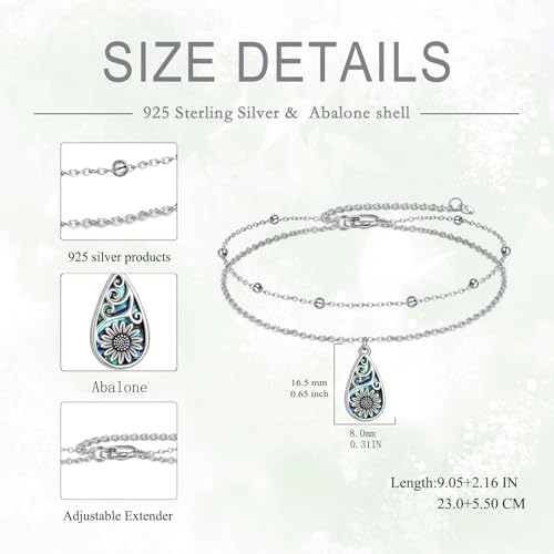 POPLYKE 925 Sterling Silver Double Layered Chain Evil Eye Daisy Sunflower Butterfly Anklets for Women Holiday Beach Crystal Ankle Bracelet Dainty Evil Eye Jewelry - style: Abalone Sunflower Anklet