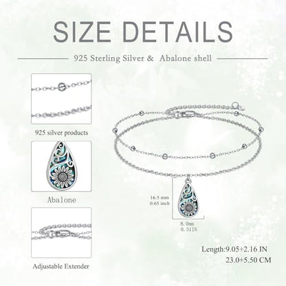 POPLYKE 925 Sterling Silver Double Layered Chain Evil Eye Daisy Sunflower Butterfly Anklets for Women Holiday Beach Crystal Ankle Bracelet Dainty Evil Eye Jewelry - style: Abalone Sunflower Anklet