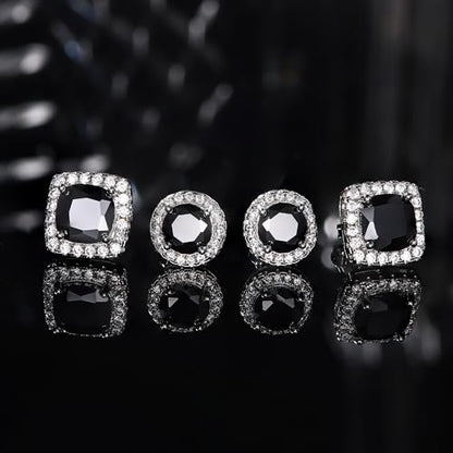 18K Gold Plated Halo Stud Earrings 925 Sterling Silver Cubic Zirconia Stud Earrings Round Square Diamonique Stud Earrings Set for Women Men - color: Silver&Black