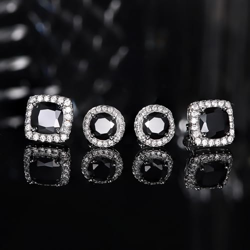 18K Gold Plated Halo Stud Earrings 925 Sterling Silver Cubic Zirconia Stud Earrings Round Square Diamonique Stud Earrings Set for Women Men - color: Silver&Black