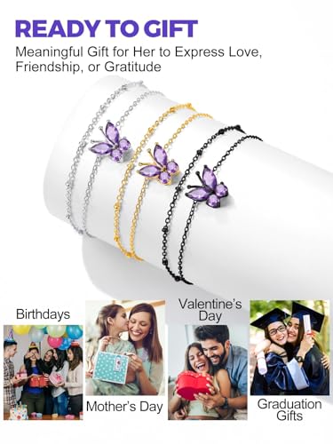 Richsteel Double Layer Heart/Butterfly Birthstone Anklet for Women | Non Tarnish Waterproof, Silver/Gold/Black Stainless Steel 8.5-10.5 Inch Adjustable Chain Anklets Summer Beach Foot Jewelry - color: Black Butterfly-02 Feb.(Amethyst)