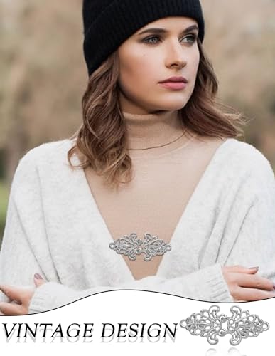Akeoqi 10Pcs Vintage Sweater Shawl Clips Retro Cardigan Swirl Cape Cloak Collar Clasps Hearts Flowers Geometric Patterns Brooches Dress Jackets Shirt Waist Cincher for Women Men Silver Plated