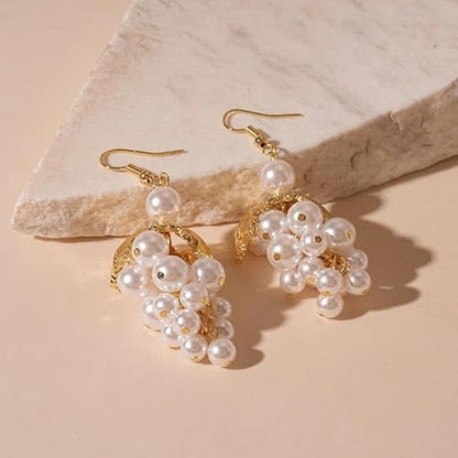 Baroque Faux Pearl Cluster Dangle Earrings for Women,Chunky Pearls Grape Dainty Gold Leaf Drop Statement Earrings Trendy Jewelry Gifts