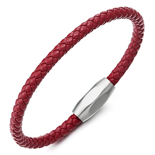 COOLSTEELANDBEYOND Minimalist Mens Women Leather Bracelet, Thin Braided Leather Bangle, Steel Oval Magnetic Clasp - color: A-Color: Red