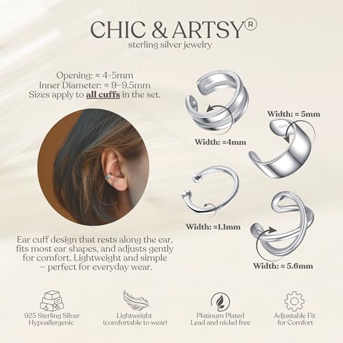 CHIC & ARTSY 925 Sterling Silver Ear Cuffs for Women, Non Piercing Clip On Cartilage Cuffs, Adjustable Fake Conch & Helix Earrings, Gold Plated & Oxidized Various Styles - color: ear cuff #3
