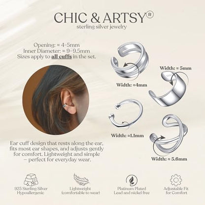 CHIC & ARTSY 925 Sterling Silver Ear Cuffs for Women, Non Piercing Clip On Cartilage Cuffs, Adjustable Fake Conch & Helix Earrings, Gold Plated & Oxidized Various Styles - color: ear cuff #3