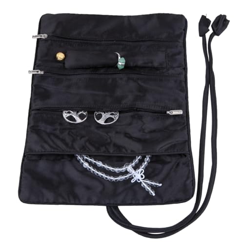 TUMBEELLUWA Embroidery Travel Jewelry Bag Roll Embroidered Flower and Bird Brocade Organizer with Tie Close - color: #3 Black