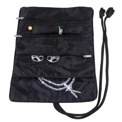 TUMBEELLUWA Embroidery Travel Jewelry Bag Roll Embroidered Flower and Bird Brocade Organizer with Tie Close - color: #3 Black