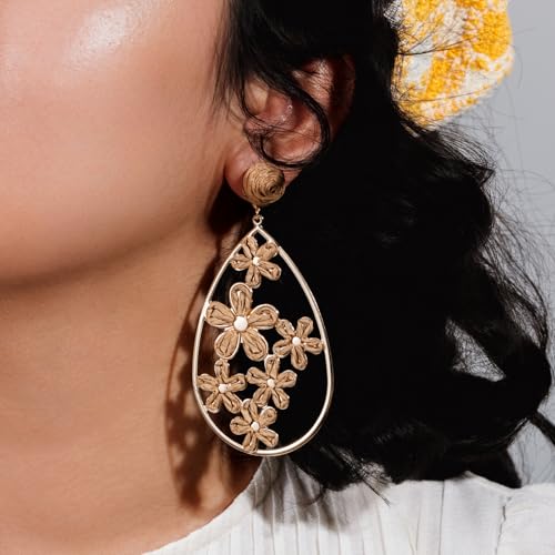 Boho Raffia Flower Teardrop Earrings Cute Colorful Dangle Trendy Jewelry | Floral Drop Statement Big Dangling Earring Hypoallergenic Gold Fun Unique Summer Spring Beach Vacation Outfits for Women - color: Bronze