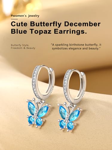 Bestyle Gold Butterfly Earrings for Women, Dainty Cute Birthstone Studs Hypoallergenic Jewelry, Great Birthday Gift - style: 12.December (Blue Topaz)-DANGLE