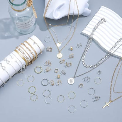 NEWITIN 100 Pcs Gold Silver Jewelry Set for Women Fashion Costume Jewelry | Bohemian Jewelry, Cubic Zirconia, Gold Plated Necklace Bracelet Ring Ear Cuff Earrings Set for Women Party Daily, Women Gifts - color: Gold Silver