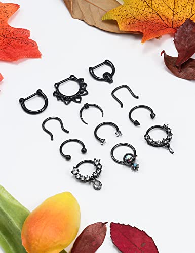 Vsnnsns 16G Septum Rings Piercing Jewelry 316L Stainless Surgical Steel Skull Flower Dangle Clicker Horseshoe Septum Nose Rings Hoop Piercing Jewelry for Women Men Silver Black Rose Gold 10mm - color: Black Tone
