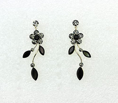 Faship Gorgeous Rhinestone Crystal Floral Necklace Earrings Set - color: Black / gold plated