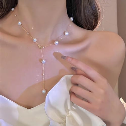 Boho Pearl Y Shape Necklaces for Women, Dainty 14k Gold Plated Pearl Beaded Chain Choker Necklace Trendy Jewelry Accessories Gift - style: Modern