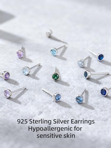 Neshat Tiny Birthstone Earrings for Women, 925 Sterling Silver Bezel Crystal Stud Earrings, 4mm Minimalist Sapphire/Amethyst/Aquamarine/Emerald Earrings Studs - style: 05. May-Created Emerald