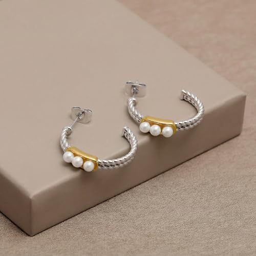 Two Tone Hoop Earrings with Pearl for Women | Gold Plated Pearl Hoop Earrings for Women | Silver Twisted C Hoops Earring | 14K Yellow Gold & Silver Beaded Hoop Earring Jewelry