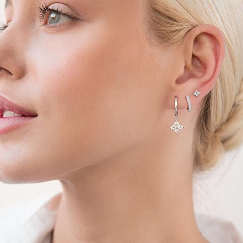 Surgical Steel Small Stud Clover Drop Dangle Huggie Hoop CZ Stud Earrings - color: B-Steel-Colored