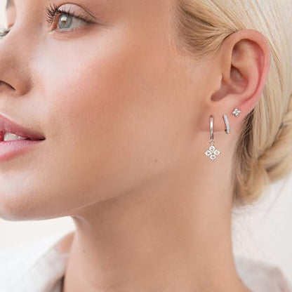 Surgical Steel Small Stud Clover Drop Dangle Huggie Hoop CZ Stud Earrings - color: B-Steel-Colored