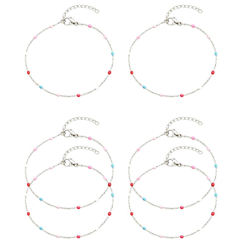 6 PCS Enamel Beaded Chains Bracelet Stainless Steel Link Bracelets | 6.7"+1.18", With Extender Chain, Fashion Jewelry Set, Gift For Women, Colorful, No Fade - color: Mixcolor Silver