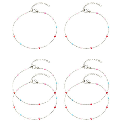 6 PCS Enamel Beaded Chains Bracelet Stainless Steel Link Bracelets | 6.7"+1.18", With Extender Chain, Fashion Jewelry Set, Gift For Women, Colorful, No Fade - color: Mixcolor Silver
