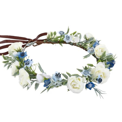 Fairy White Flower Crown Headband, Rose Floral Headpiece | Adjustable, Fairy Flower Crown, Women Girls, Renaissance Birthday Wedding Party Photo Props - color: Blue White
