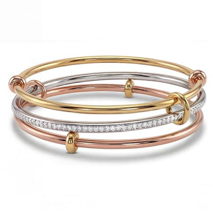 mixed metal Tri-Tone Bangles Bracelet for Women, 3/5 Pcs Stainless Steel Gold Plated Stackable Bracelet Set, Stylish Jewelry Gift - color: Silver zirconium + gold + rose gold, size: 70