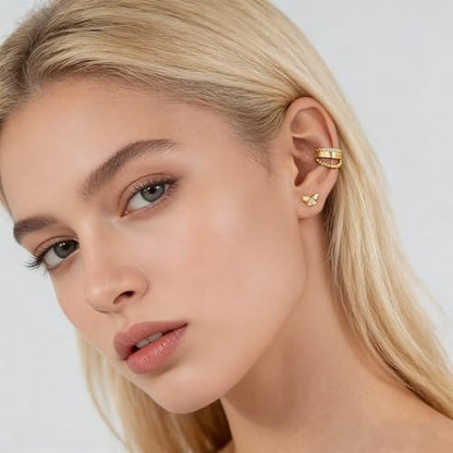 Bemoly Ear Cuff Earrings for Women 14K Gold Plated Cubic Zirconia Dangle Huggie Ear Cuffs Non Piercing | Clip On Cartilage - style: H-1 Row cz-Pair