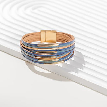 Gold Tube Leather Wrap Bracelets Boho Chunky Stackable Layered Western Cuff | Stacked Bohemian Cool Magnetic Clasp Bangles Statement Cowgirl Hippie Country Festival Accessories for Women Trendy - color: Blue
