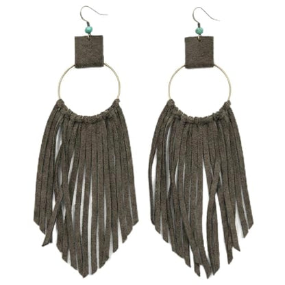Handmade Genuine Leather Earrings for Women – Long Teardrop Boho Dangles, Lightweight Statement Fashion Jewelry - style: Wasterfall - Grayish Green