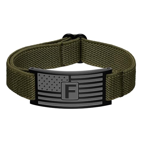 C-leen American Flag Initial Bracelet for Men Boy, Stainless Steel Letter Charm Bracelet Mens Gifts Elastic Stretch Gifts Bracelets for Dad Husband Son Gift - color: F
