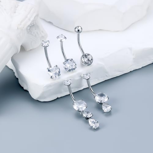 Vsnnsns 14G Dangle Belly Button Ring Piercing Jewelry 316L Stainless Surgical Steel Round Heart Cubic Zirconia Navel Rings Dangling Belly Button Ring Piercing Jewelry for Women 14 Gauge Hypoallergenic - color: Silver-10MM Bar-Clear CZ