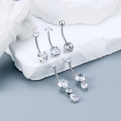 Vsnnsns 14G Dangle Belly Button Ring Piercing Jewelry 316L Stainless Surgical Steel Round Heart Cubic Zirconia Navel Rings Dangling Belly Button Ring Piercing Jewelry for Women 14 Gauge Hypoallergenic - color: Silver-10MM Bar-Clear CZ