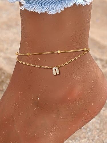 Richsteel Initial Ankle Bracelets for Women Waterproof, 14K Gold Plated/Silver Stainless Steel Anklets, Dainty Adjustable Layered Anklets with Bubble Letter, Non Tarnish Summer Beach Jewelry with Gift Box - color: A-Gold-Plated