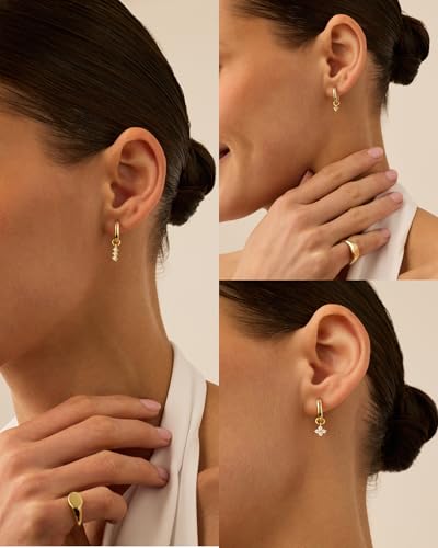 PAVOI 14K Gold Plated Mix & Match Charms Dainty Huggie Earrings for Women | Hypoallergenic Earrings with 925 Sterling Silver Posts, Huggie Hoop Earrings with Motif Dangle Charms Pack - style: Flower