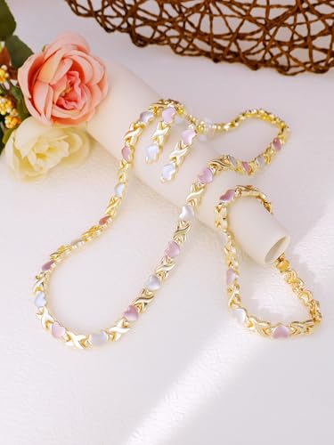 Women's Gold wedding Jewelry Set Tricolor Hugs Kisses Heart necklace set - color: Tricolor