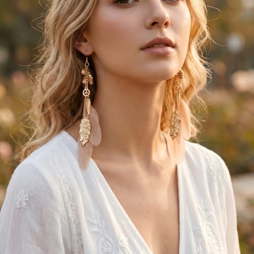 FRESHME Native American Earrings for Women - Ethnic Boho Feather Dangle Jewelry with Tessel for Birthday Party Photoshoot - color: Champagne